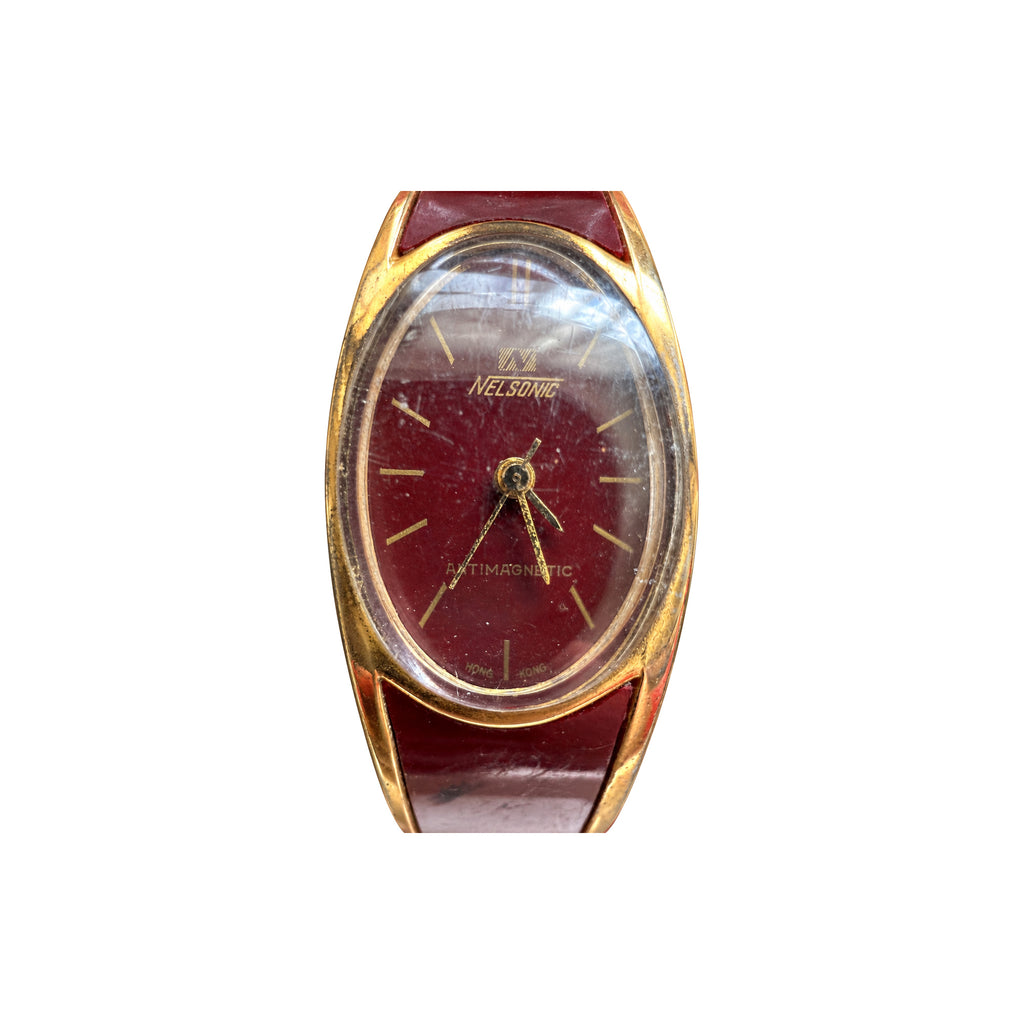 Vintage Nelsonic Burgundy Oval Antimagnetic Mechanical Watch - Requires Winding