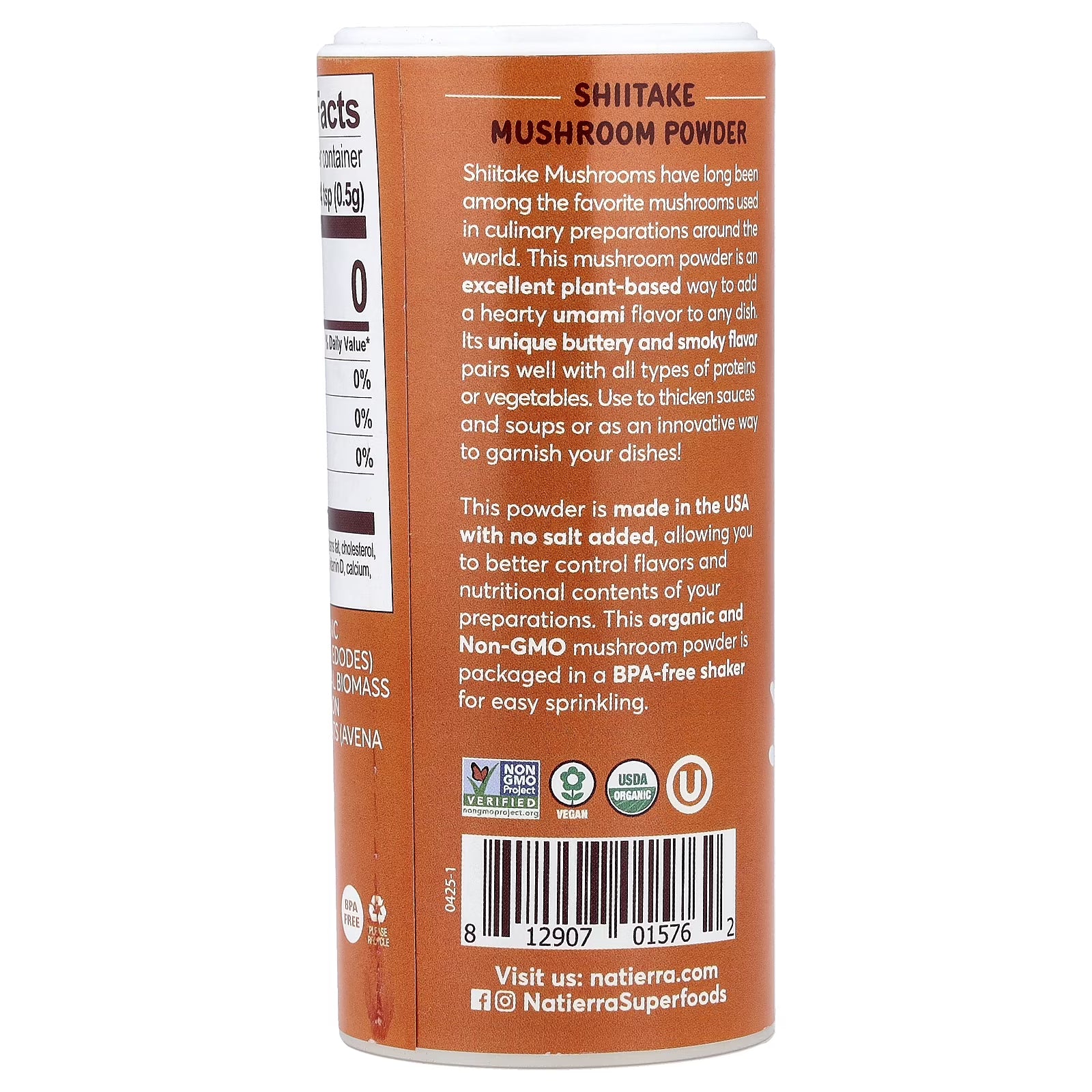 Natierra Organic Shiitake Mushroom Powder – Superfood Seasoning (1.8 oz Shaker, 6-Pack)