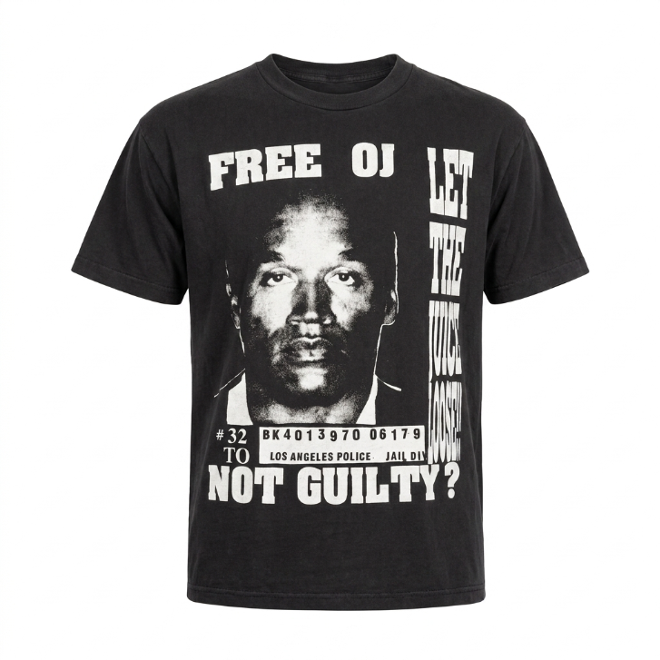 Vintage 90s "Free OJ / Let The Juice Loose" Mugshot Graphic T-Shirt Black