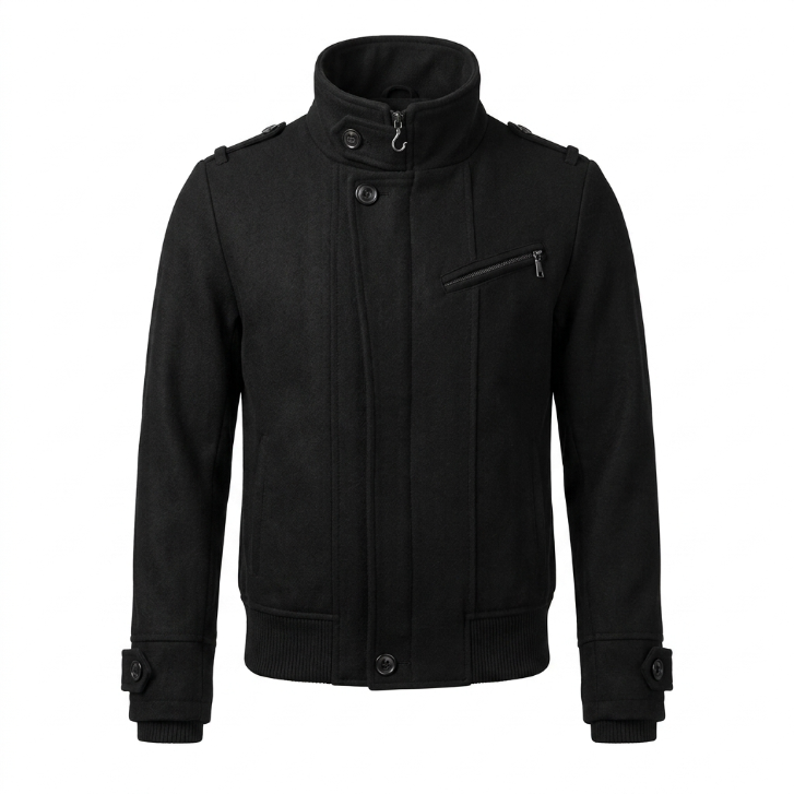 Five Four  Black Wool Blend Ribbed Trim Peacoat Jacket