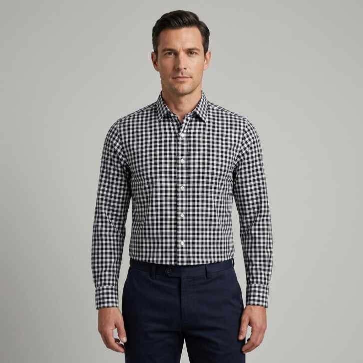Five Four Gingham Check Long Sleeve Button Down Shirt - Black / White / Large