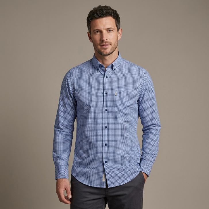 Five Four Blue & White Micro-Gingham Check Long Sleeve Shirt - Blue / White / Size Large