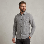 Five Four Vertical Fine Stripe Dual Pocket Long Sleeve Shirt - Black / White / Size Medium