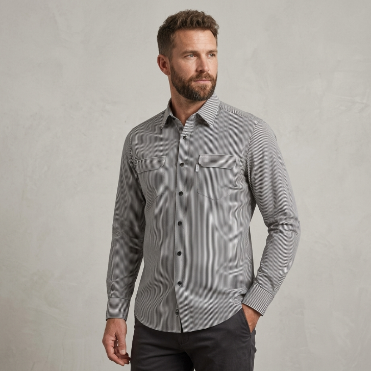 Five Four Vertical Fine Stripe Dual Pocket Long Sleeve Shirt - Black / White / Size Medium