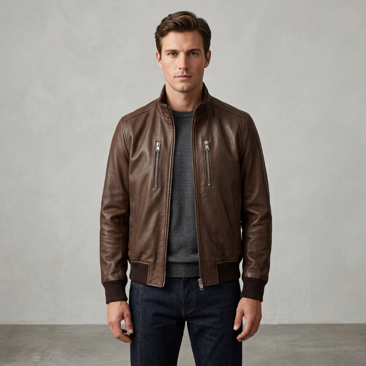 BWR Beware Dark Brown High-Collar Leather Bomber Jacket
