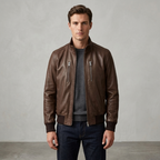 BWR Beware Dark Brown High-Collar Leather Bomber Jacket