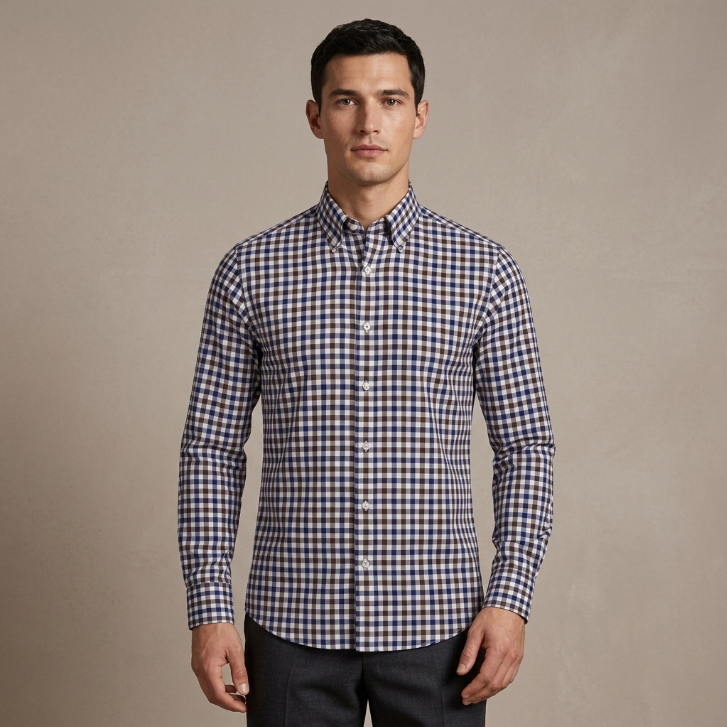 Five Four Gingham Check Long Sleeve Shirt Blue/Brown - Size 2XL