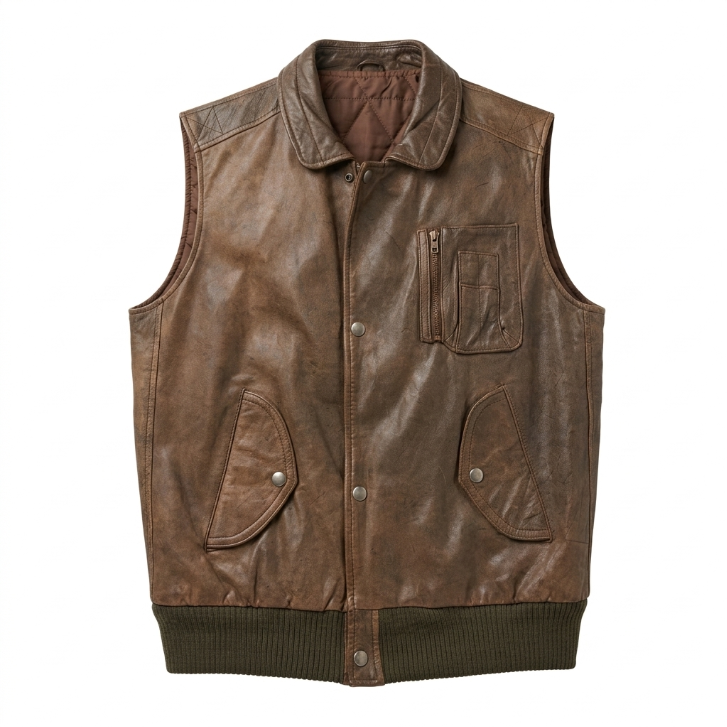 Vintage Genuine Leather Bomber Vest Brown
