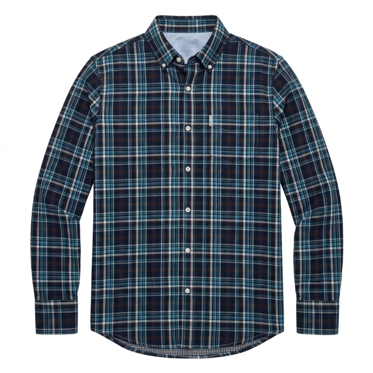 Five Four Navy Teal & Brown Plaid Long Sleeve Shirt - Navy / Teal / Brown / Size Large