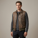 Vintage Genuine Leather Bomber Vest Brown