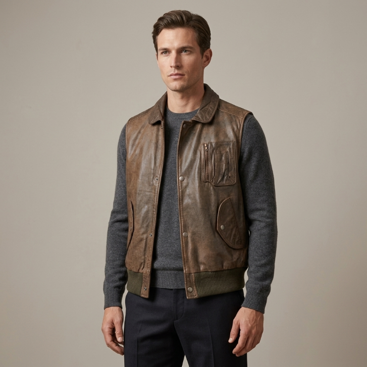 Vintage Genuine Leather Bomber Vest Brown