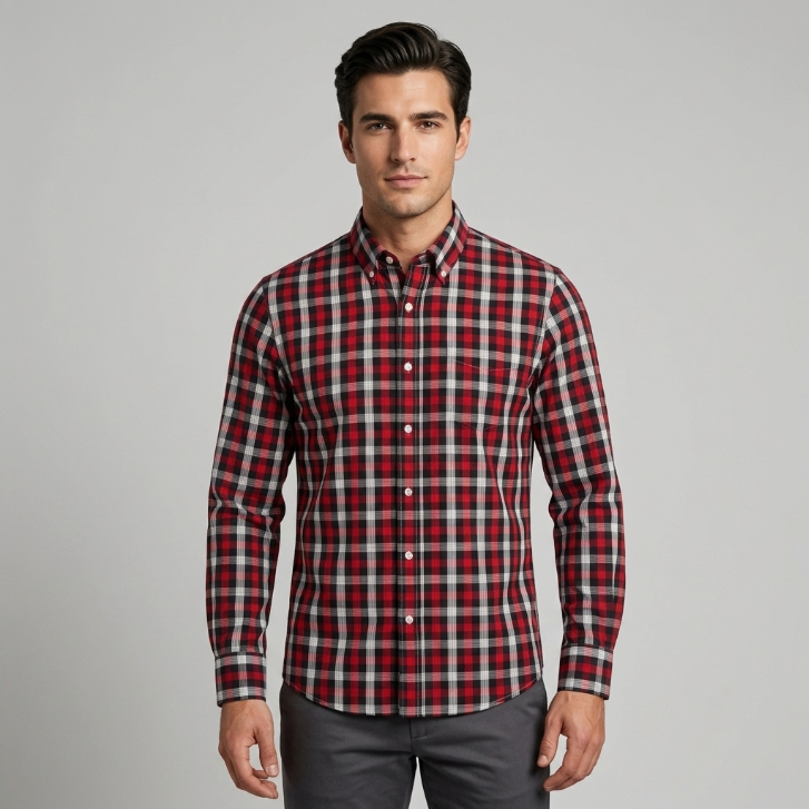 Five Four Red Black & White Plaid Long Sleeve Shirt - Red / Black / Size Large