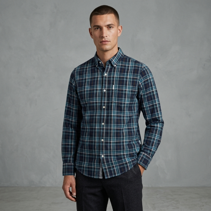 Five Four Navy Teal & Brown Plaid Long Sleeve Shirt - Navy / Teal / Brown / Size Large