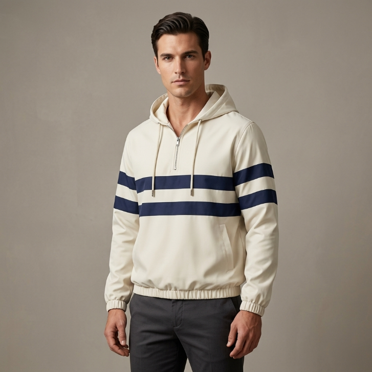 Opening Ceremony Cream Navy Striped Quarter-Zip Hoodie