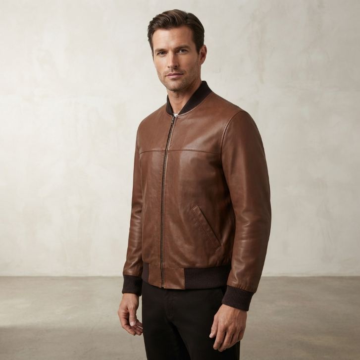 BWR Beware Brown Leather Yoke Bomber Jacket