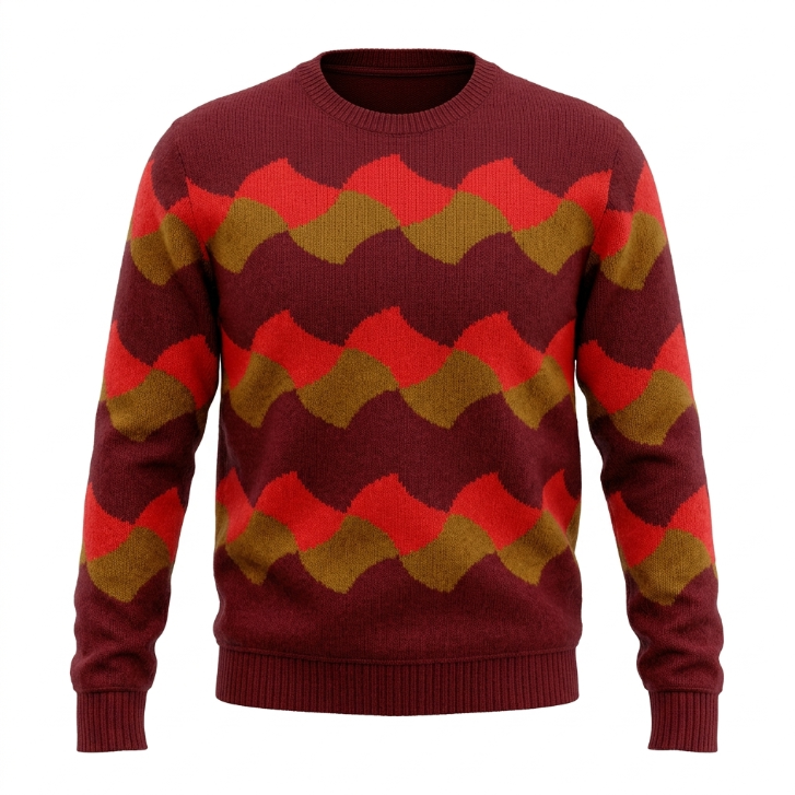 Drumohr Men's 100% Super Wool Chevron Knit Crewneck Sweater - Burgundy / Red (Size 52)