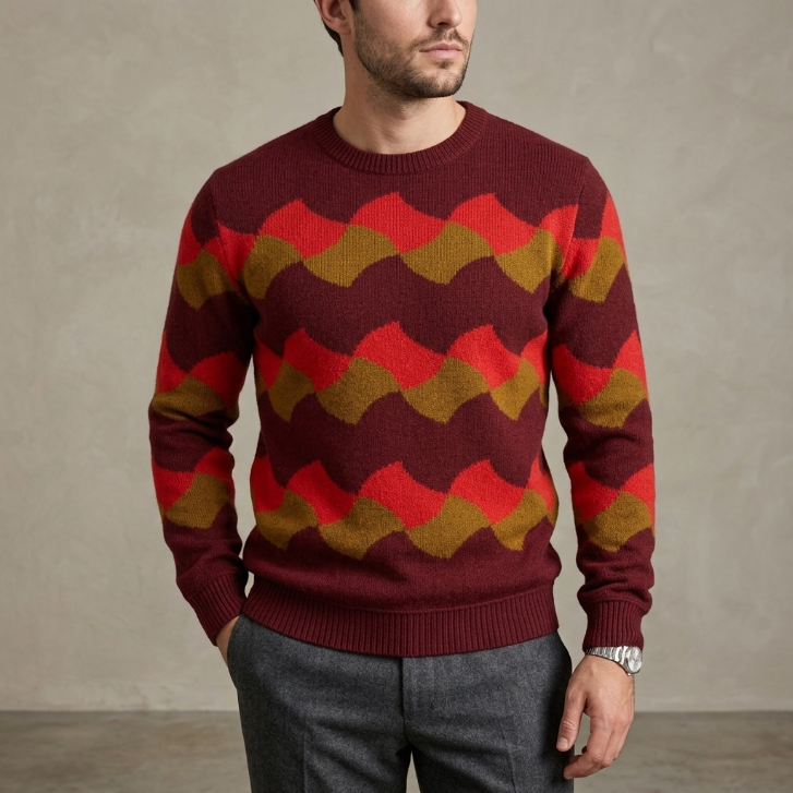 Drumohr Men's 100% Super Wool Chevron Knit Crewneck Sweater - Burgundy / Red (Size 52)