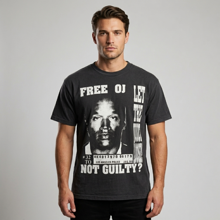 Vintage 90s "Free OJ / Let The Juice Loose" Mugshot Graphic T-Shirt Black
