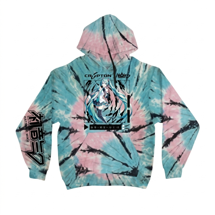 Hatsune Miku Screen Print Hoodie, Pink Turquoise Wash