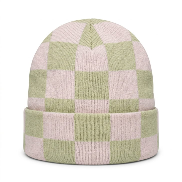 SkateMoss Pastel Checkerboard Knit Beanie – Pink & Green