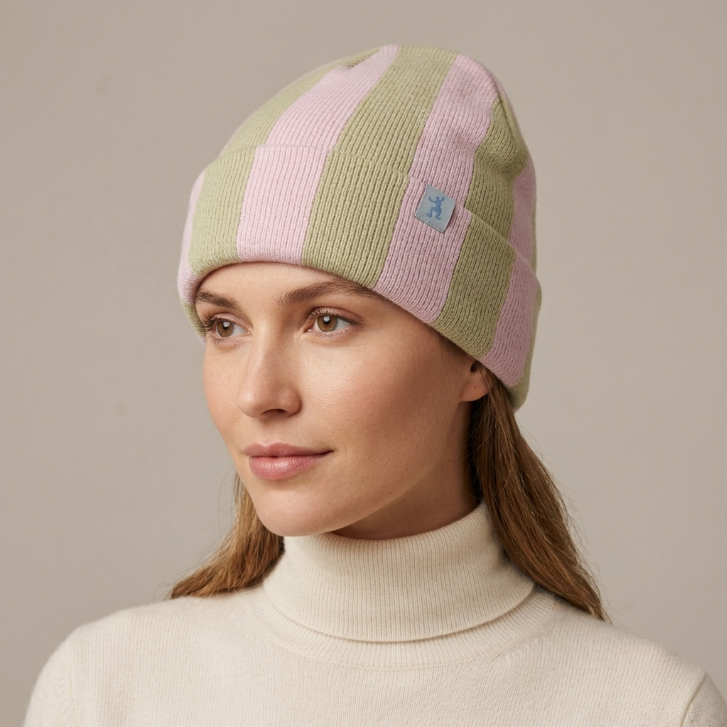 SkateMoss Striped Knit Beanie – Pink & Sage