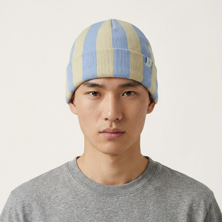 SkateMoss Striped Knit Beanie – Blue & Pale Yellow