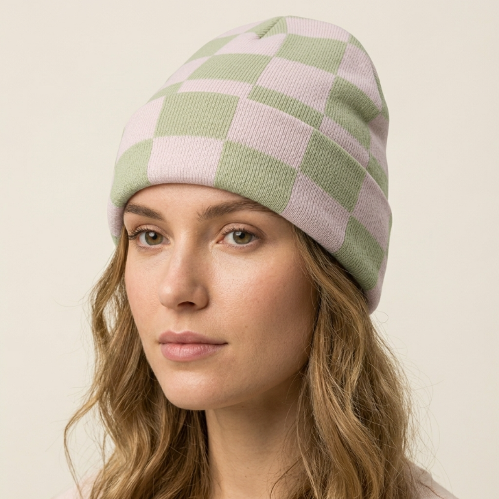 SkateMoss Pastel Checkerboard Knit Beanie – Pink & Green