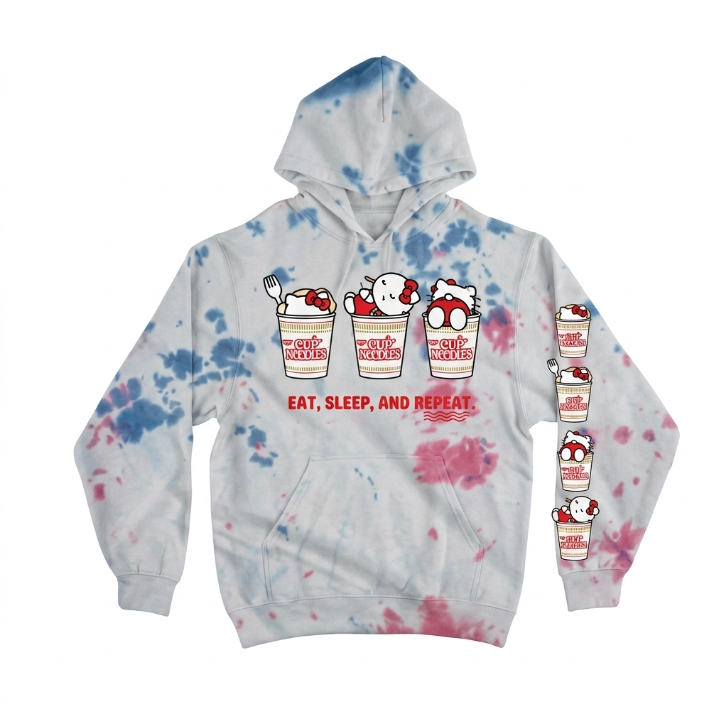 "Eat Sleep Repeat" Pink Blue Cloud Wash Hooded Sweatshirt
