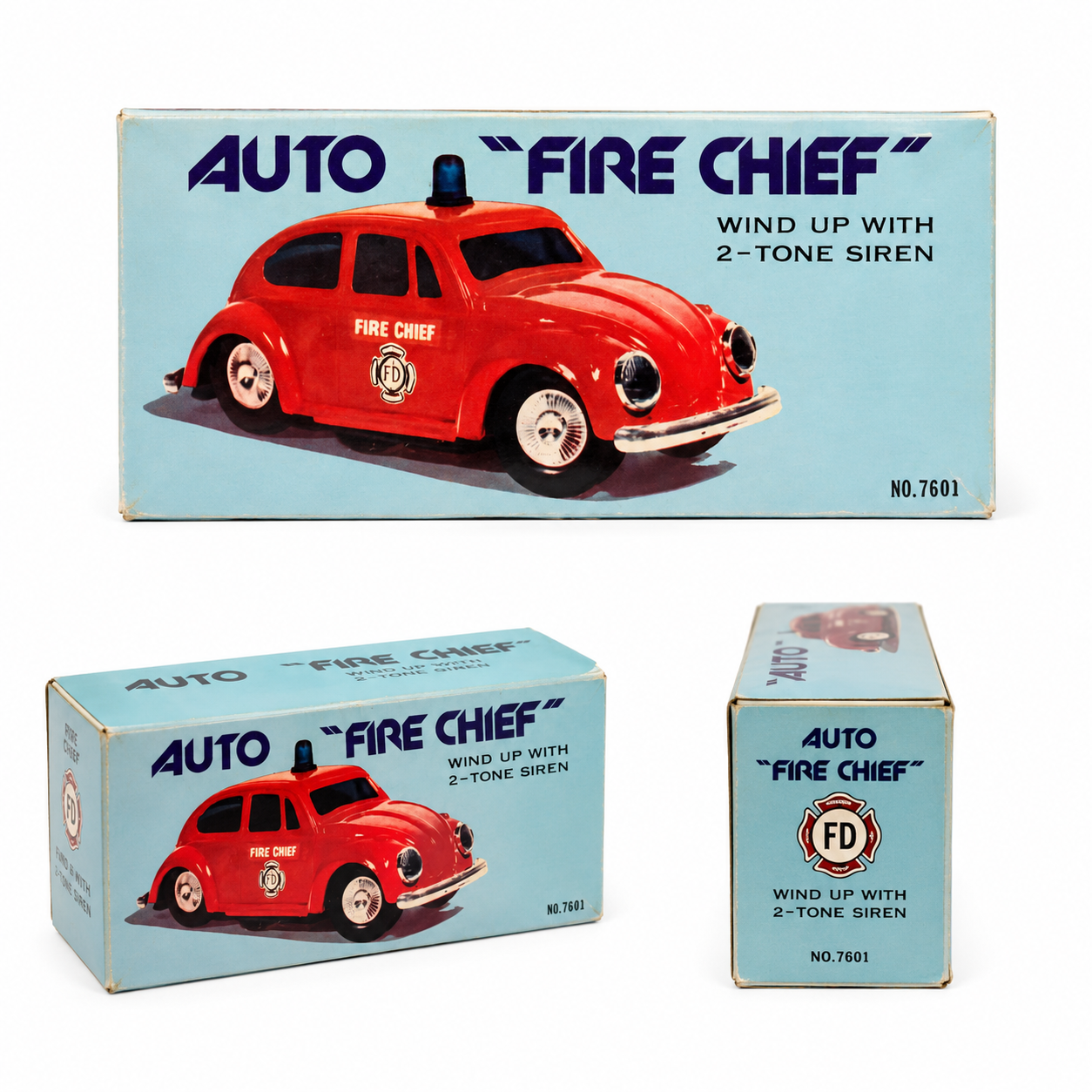Vintage Kanto Toys Mechanical Whee-Whoo Fire Department Wind-Up Fire Chief Car No. 7601