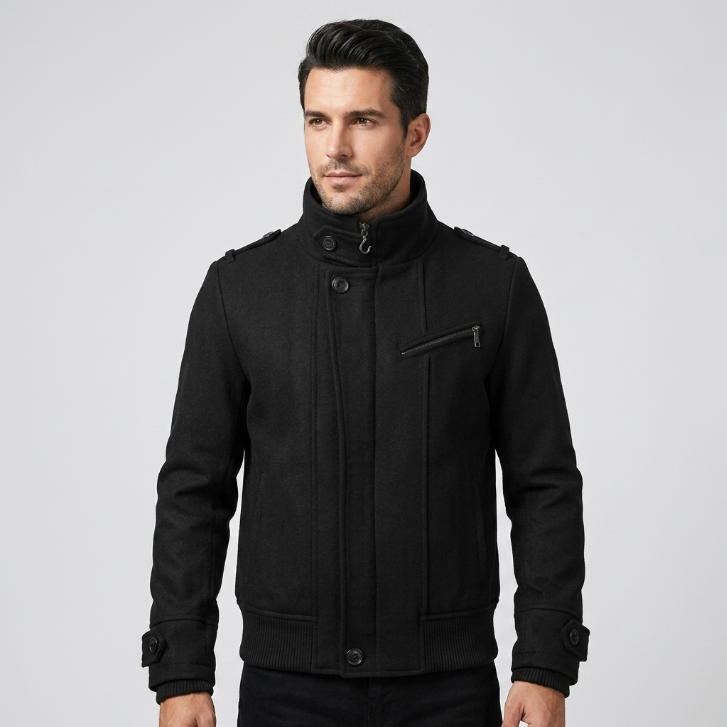 Five Four  Black Wool Blend Ribbed Trim Peacoat Jacket