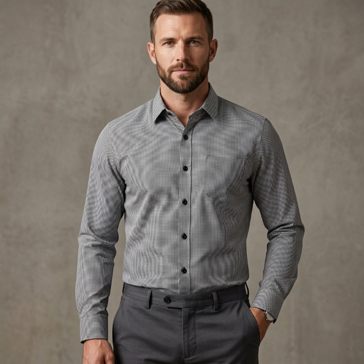 Five Four Micro Grid Check Long Sleeve Shirt - Black / White / Size Large