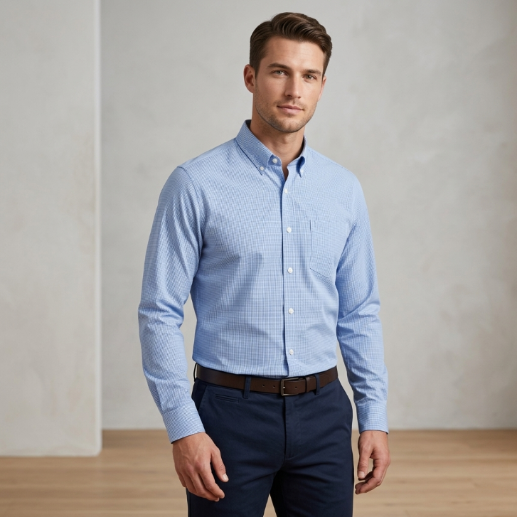 Five Four Micro Check Pattern Long Sleeve Woven Button Down Shirt - Light Blue / Size Large