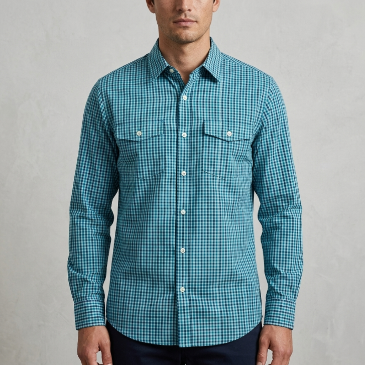 Five Four Turquoise Blue Gingham Check Long Sleeve Shirt - Blue / White / Size Large