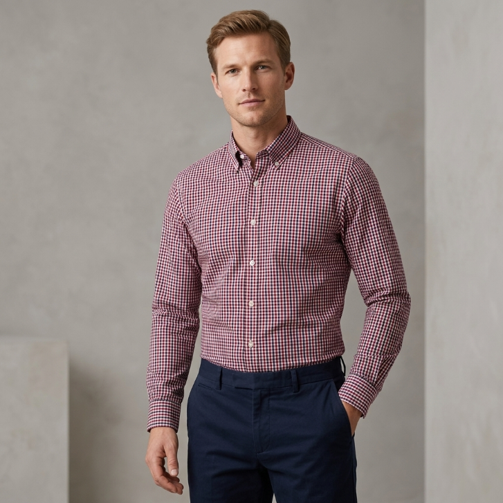 Five Four Red & Navy Gingham Check Long Sleeve Shirt - Red / Navy / White / Size Large