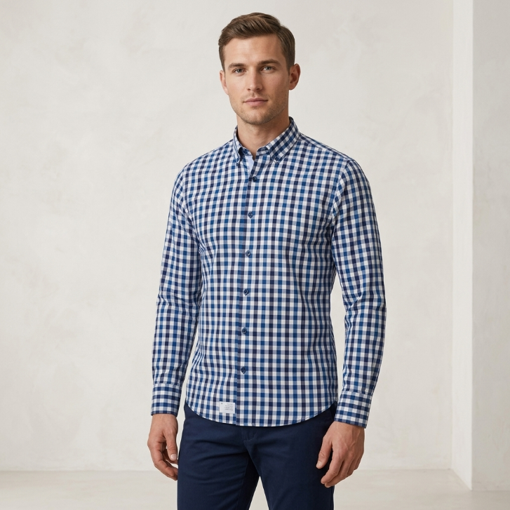 Five Four Navy & White Gingham Check Long Sleeve Shirt - Navy / White / Size Large