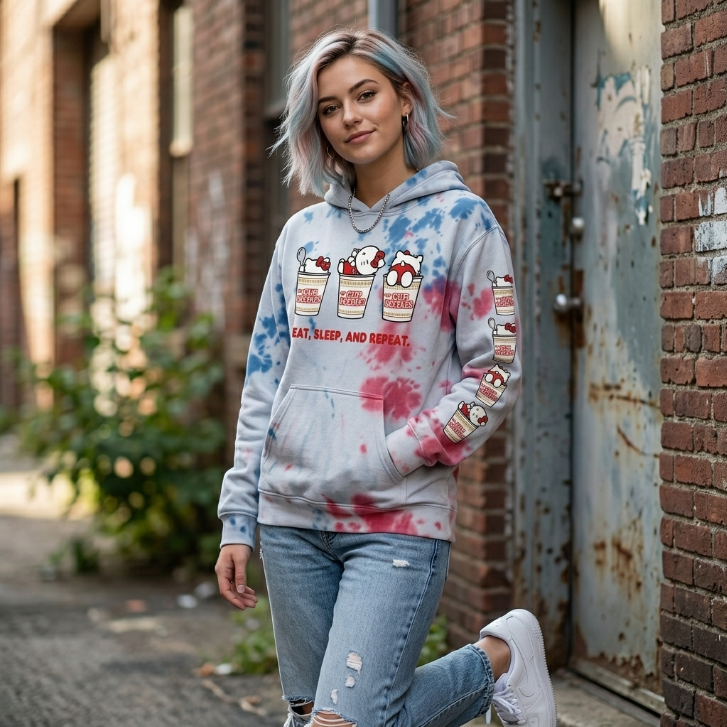 "Eat Sleep Repeat" Pink Blue Cloud Wash Hooded Sweatshirt