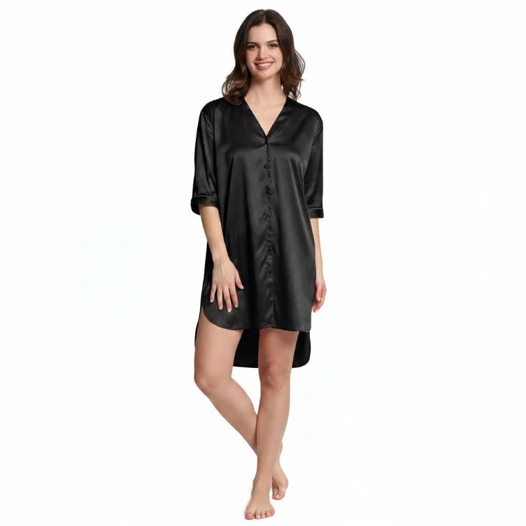Mad Dog Satin Night Shirts for Women - Silk Like Nightshirt Pajama - Sexy Sleep Shirts, Button Down Sleepwear Nightgowns-Black