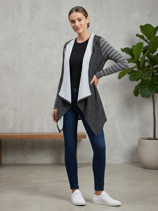 Morita Draped Grey Fleece Hooded Cardigan