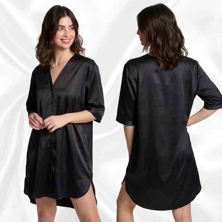 Mad Dog Satin Night Shirts for Women - Silk Like Nightshirt Pajama - Sexy Sleep Shirts, Button Down Sleepwear Nightgowns-Black