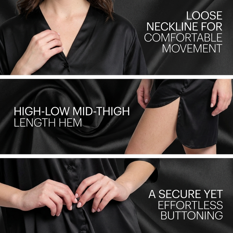 Mad Dog Satin Night Shirts for Women - Silk Like Nightshirt Pajama - Sexy Sleep Shirts, Button Down Sleepwear Nightgowns-Black