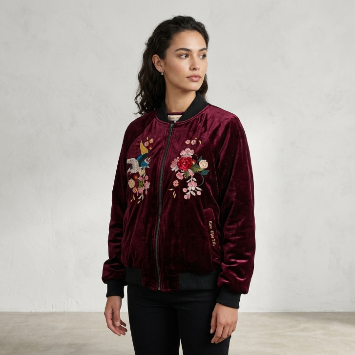 Tuc & Wes by Orly Shani Burgundy Velvet Bomber Jacket
