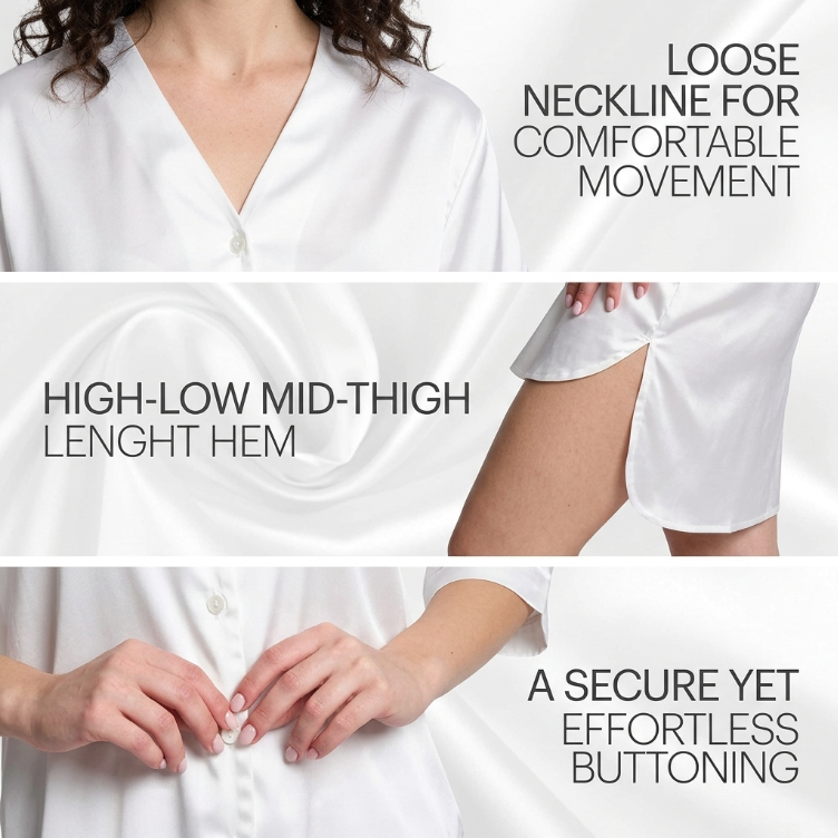 Mad Dog Satin Night Shirts for Women - Silk Like Nightshirt Pajama - Sexy Sleep Shirts, Button Down Sleepwear Nightgowns-White