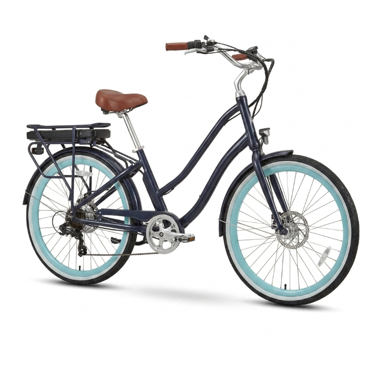 sixthreezero EVRYjourney Electric Step-Through Bike - Navy with Teal Rims