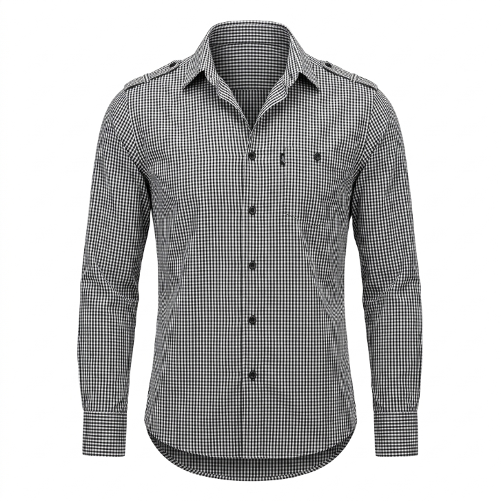 Five Four Black & White Micro Gingham Check Long Sleeve Shirt - Black / White / Size Medium