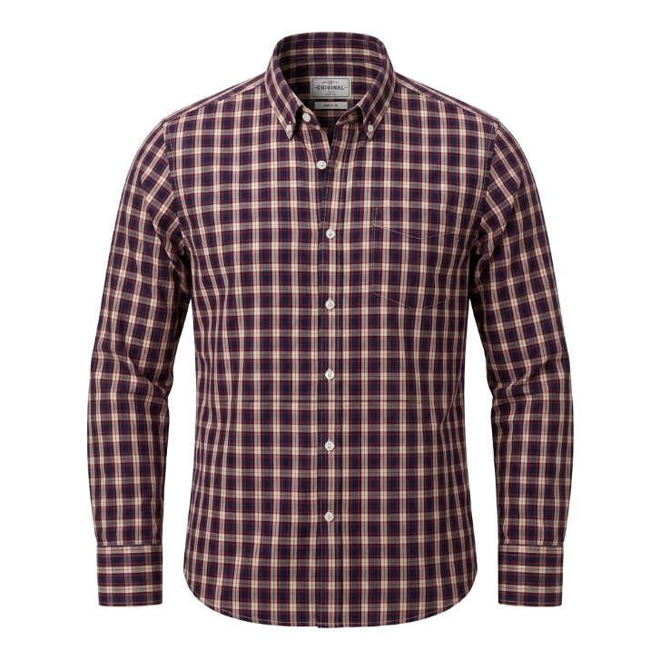 Five Four Plaid Check Long Sleeve Button Down Shirt - Burgundy / Navy / Large