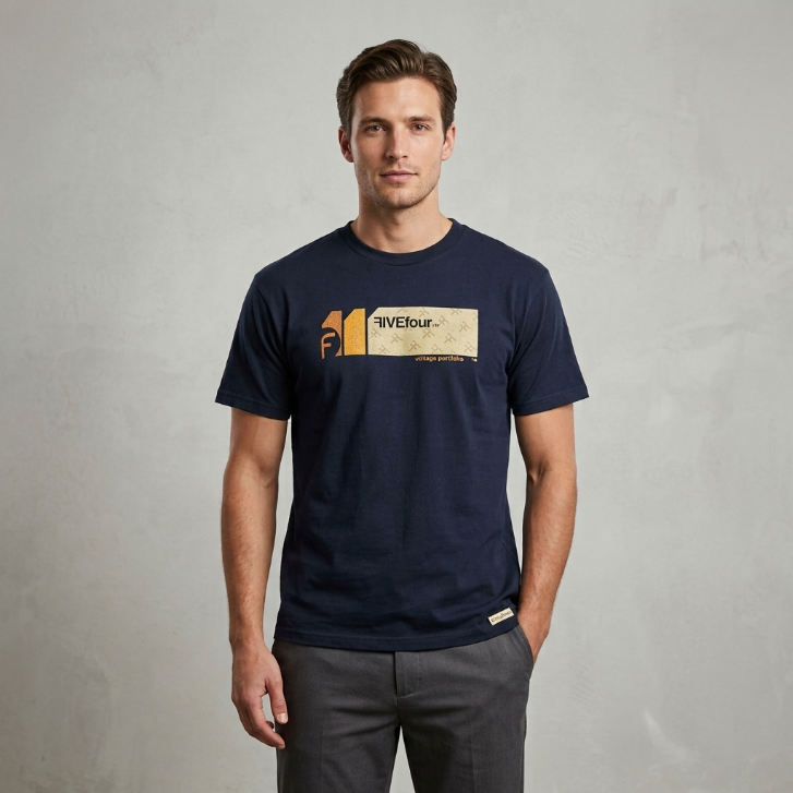 Five Four Yellow Logo Box Graphic T-Shirt Navy Blue