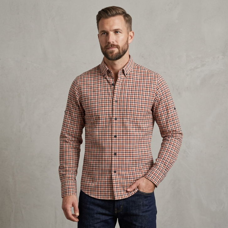 Five Four Orange Navy & White Plaid Long Sleeve Shirt - Orange / Navy / Size Large