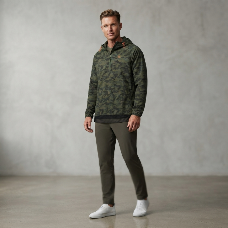 Grand AC Camo Print Half-Zip Hooded Windbreaker Jacket