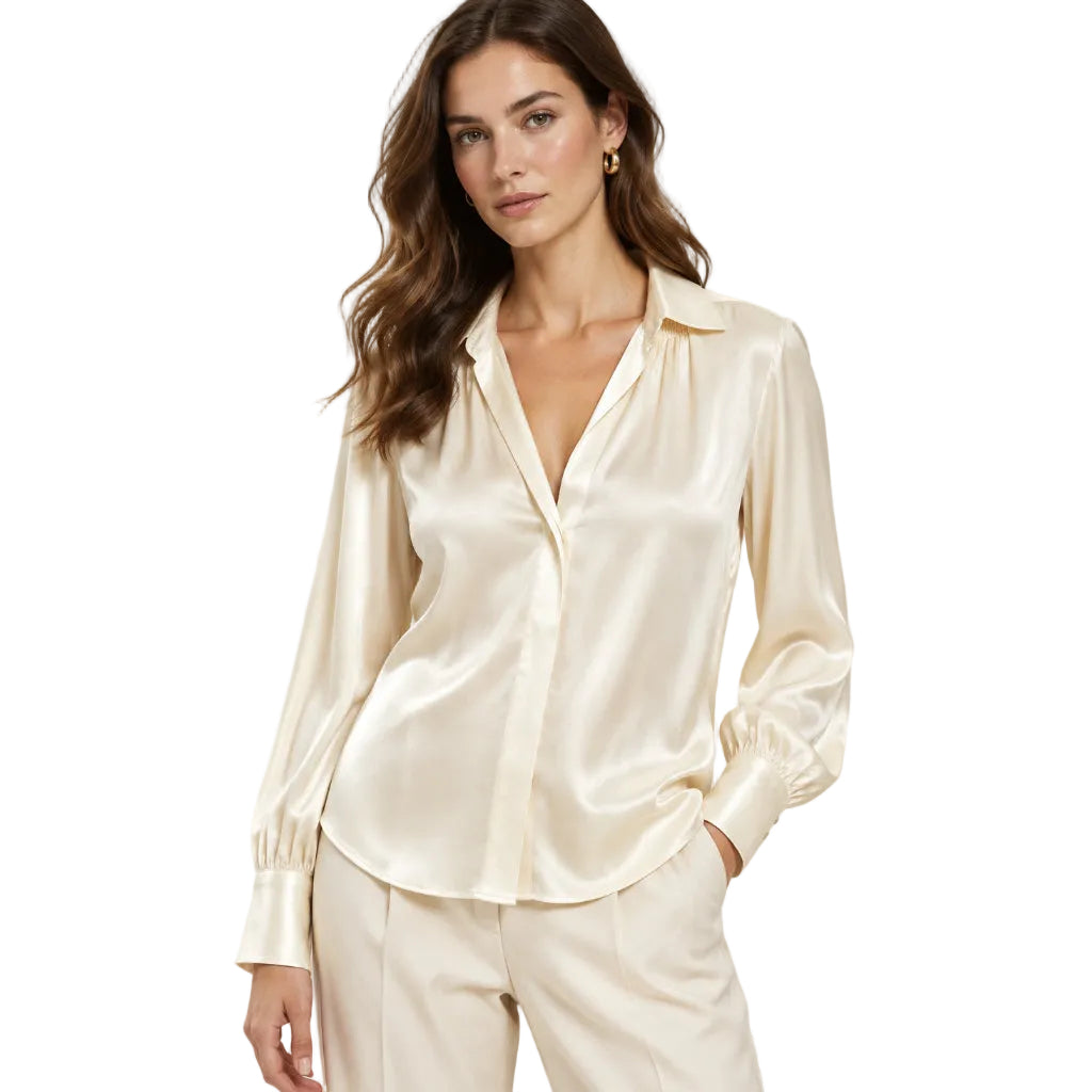 Theory Ivory Silk V-Neck Gathered Long Sleeve Blouse Size S