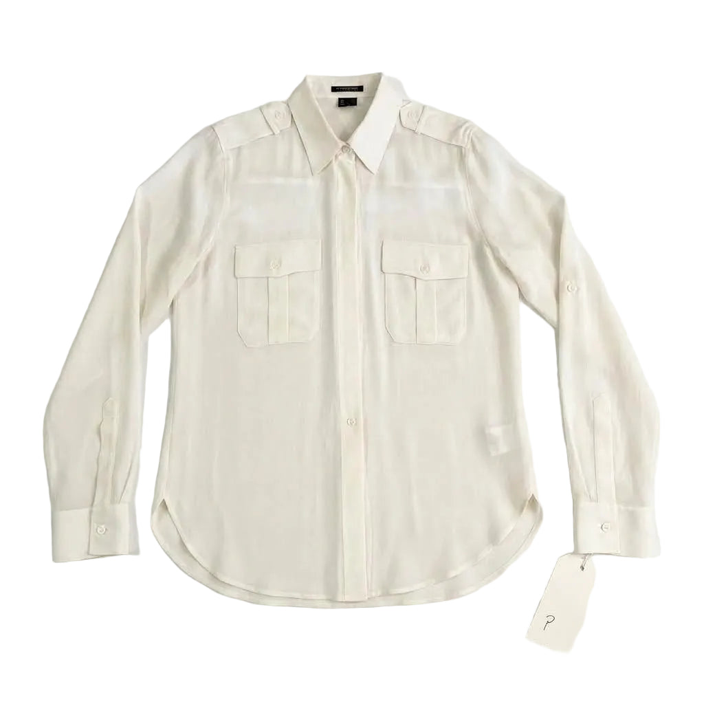 Theory Ivory Silk Military Utility Button Down Shirt Size P